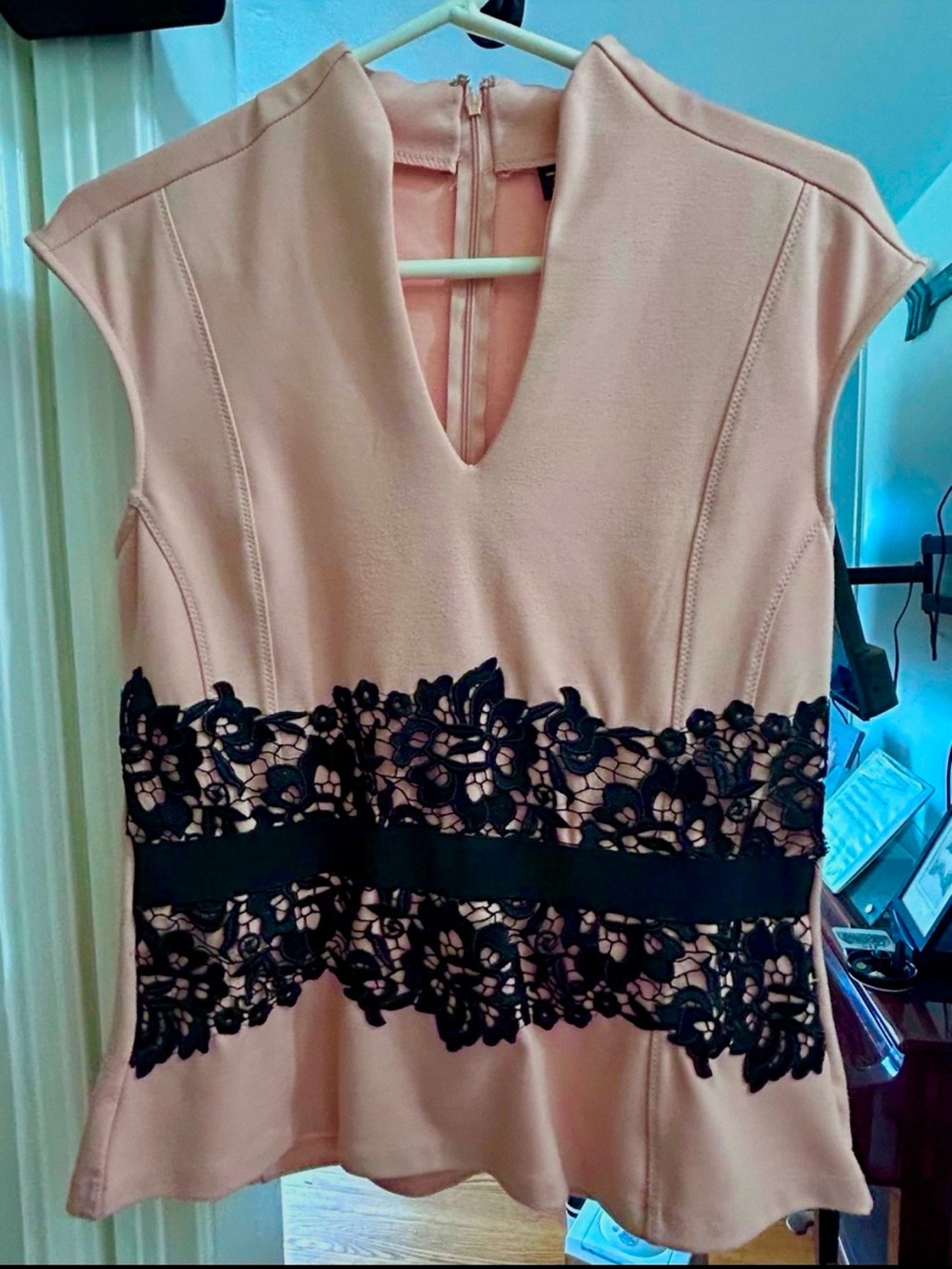 New York & Company Blush Pink Sleeveless Top with Black Lace Waist